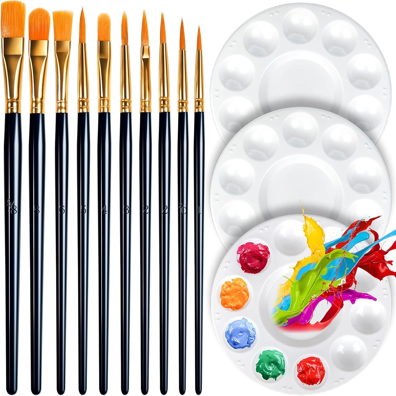 Round Paint Tray Palettes and Paint Brushes Set, Paintbrushes, 3 PCS Plastic Paint Palettes Pallets, 10 PCS Acrylic Paint Brushes, Nylon Hair Painting Brushes, for Acrylic Oil Watercolor